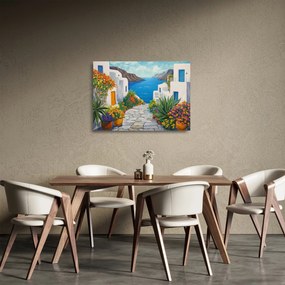 Sklenený obraz - Grécka ulička (70x50 cm)