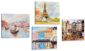 Set obrazov maľované mestá v pastelových farbách - 4x 60x60