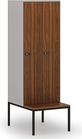 Drevená šatníková skrinka S4 s lavičkou, 2 oddiely, 1871 x 600 x 500/800 mm, demont, mechanický kódový zámok, sivá/orech