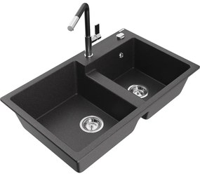 Mexen Tomas, 2-komorový granitový drez 800x500x190 mm a drezová batéria Flora, čierna škvrnitá, 6516-76-670401-07