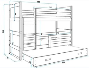 Poschodová posteľ s prístelkou RICO 3 - 200x90cm - Biely - Ružový