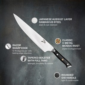 Alpha-Royal Japanese Series, 10" nôž šéfkuchára, damašková oceľ