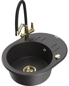 Mexen Kevin, granitový drez 586x458x190 mm, 1-komorový a biela batéria Duo, čierna škvrnitá, 6517-76-671701-57-G