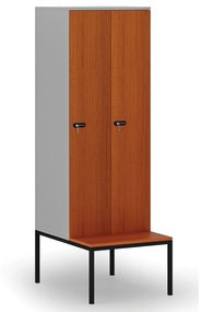 Drevená šatníková skrinka s lavičkou, 2 oddiely, 1871 x 600 x 500/800 mm, mechanický kódový zámok, sivá/čerešňa