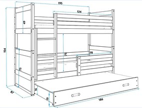 Poschodová posteľ s prístelkou RICO 3 - 190x80cm - Biely - Grafitový