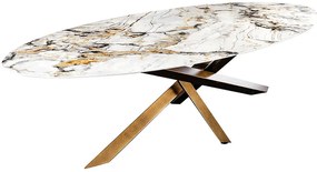 Jedálenský stôl SCULPTURE 280 cm oválny bronzový rám s keramickou doskou, viacfarebný mramorový vzhľad