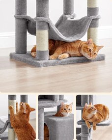 Feandrea škrabadlo pre mačky, 155 cm vysoká hracia veža s 5 škrabacími stĺpmi v sivej farbe