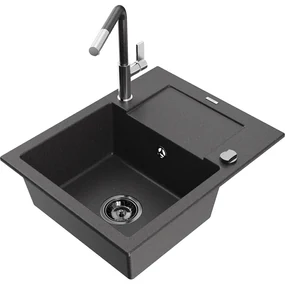 Mexen Enzo, 1-komorový granitový drez 576x465x174 mm a drezová batéria Flora, čierna škvrnitá, 6506-76-670401-08-B