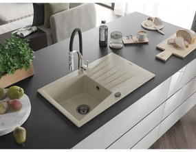 Mexen Cesar, 1-komorový granitový drez 775x470x190 mm a drezová batéria Aster, béžová, 6514-69-73450-07-B