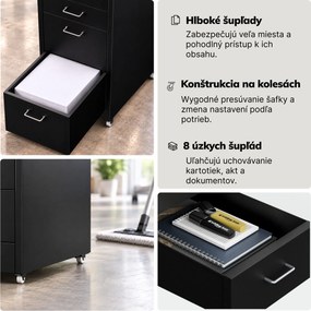 Kartotéková skrinka na kolieskach, kovová, 8 zásuviek, na dokumenty, čierna, 300x1100x600 mm: SARA V8
