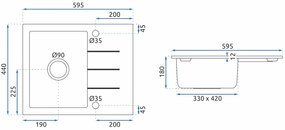 Rea North, kuchynský drez 1-komorový 595x485x180 mm s manuálnym sifónom, čierna škvrnitá, ZLE-00125