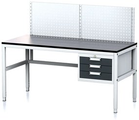 Alfa 3 Nastaviteľný dielenský stôl MECHANIC II s perfopanelom, 3 zásuvkový box na náradie, 1600x700x745-985 mm, sivá/antracit
