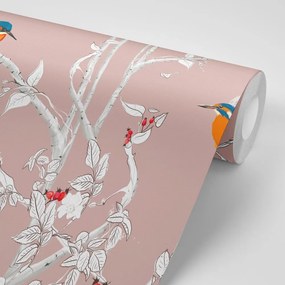 Samolepiaca tapeta vtáčiky v hustom lese s ružovým pozadím - 75x1000 cm