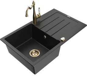 Mexen Bruno, granitový drez 795x495x200 mm, 1-komorový a drezová batéria Carla, čierna-zlatá metalíza, 6513-75-670700-50