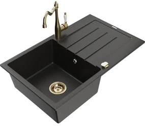 Mexen Bruno, granitový drez 795x495x200 mm, 1-komorový a drezová batéria Carla, čierna-zlatá metalíza, 6513-75-670700-50