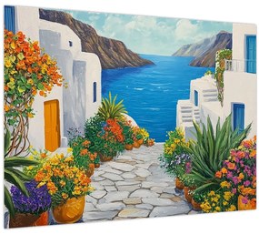 Sklenený obraz - Grécka ulička (70x50 cm)