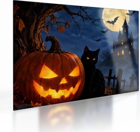 Sklenený obraz - Čierna mačka pri svietiacej tekvici na Halloween (70x50 cm)
