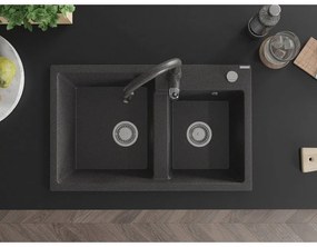 Mexen Tomas, granitový drez 800x500x190 mm, 2-komorový a drezová batéria Savita, čierna škvrnitá, 6516-76-672601-76