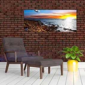 Obraz - Čajka letiaca nad pobrežím (120x50 cm)
