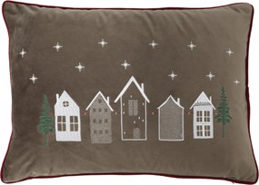 Mocca zamatová obliečka na vankúš Aix s výšivkou domčekov – 50*35 cm