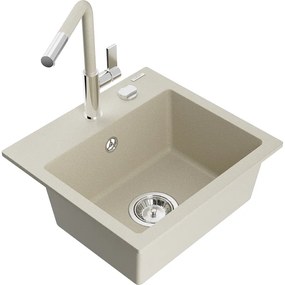 Mexen Milo, 1-komorový granitový drez 435x410x171 mm a drezová batéria Flora, béžová, 6505-69-670401-09