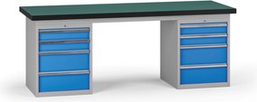 Pracovný stôl do dielne G8, 2100 x 750 x 800 mm, 2x kontejner, 8 zásuviek, modrá