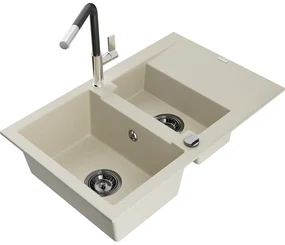 Mexen Gaspar, 1,5-komorový granitový drez 737x475x177 mm a drezová batéria Flora, béžová, 6507-69-670401-07-B