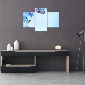 Obraz - Motýľ na kvetoch orchidey, modrý (90x60 cm)