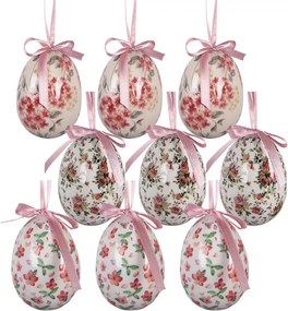 9ks dekorácia biele závesné vajíčko s kvetmi Spring Egg - Ø 5*8 cm