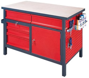 Dielenský pracovný stôl GD, 5 zásuviek, smrek + buková preglejka, 5 zásuviek, 1 skrinka, 1190 x 600 x 850 mm, antracit/červená