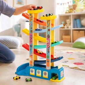 Autodráha KIK so 7 úrovňami, šmykľavkou, garážou a 8 autíčkami