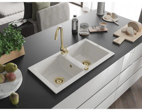 Mexen Mario, granitový drez 820x436x161 mm, 2-komorový, biela so zlatým sifónom, 6504822000-20-G