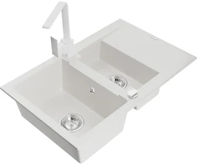 Mexen Gaspar, granitový drez 737x475x177 mm, 1,5-komorový a chrómová batéria Rita, biela, 6507-20-670300-20
