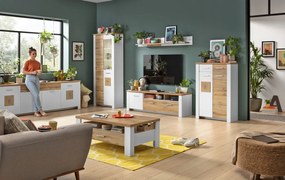 Vysoká vitrína s osvetlením Matera, starý dub/biela