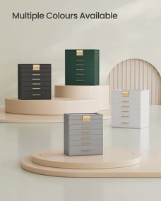 Šperkovnica s skleneným vrchnákom, 6-poschodový organizér na šperky s 5 zásuvkami, 16,3 x 25,1 x 29 cm, oblá biela