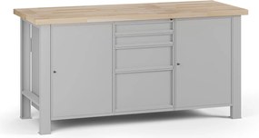 Dielenský pracovný stôl G7, buková škárovka, 1700 x 685 x 840 mm, 2x skrinka, 4 zásuvky, sivá