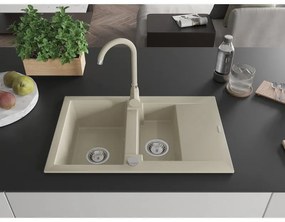 Mexen Gaspar, 1,5-komorový granitový drez s odkvapkávačom 74x48 cm a kuchynskou batériou Telma, béžová, 6507-69-670200-69