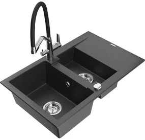 Mexen Gaspar, granitový drez 737x475x177 mm, 1,5-komorový a drezová batéria Duo, čierna škvrnitá, 6507-76-671701-07