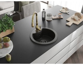 Mexen Diego, 1-komorový granitový drez 488x488x167 mm a drezová batéria Savita, čierna-zlatá metalíza, 6512-75-672601-50-B