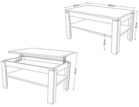 Rozkladací konferenčný stolík so zdvíhacou doskou a policou ADEN dub craft/čierna