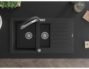 Mexen Matias, granitový drez 900x505x200 mm, 1,5-komorový a drezová batéria Duo, čierna-strieborná metalíza, 6502-73-671701-07