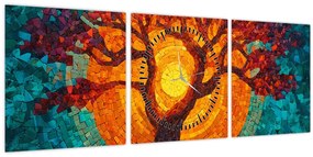 Obraz - Strom života a slnko v mozaike (s hodinami) (90x30 cm)
