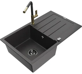 Mexen Bruno, 1-komorový granitový drez 795x495x200 mm a drezová batéria Flora, čierna škvrnitá, 6513-76-670401-75-B