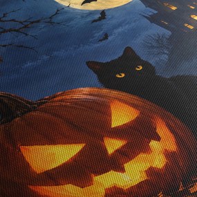 Obraz - Čierna mačka pri svietiacej tekvici na Halloween (70x50 cm)