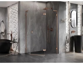 Mexen Lunar, L pravý výklopný päťuholníkový sprchový kút 90 x 80 cm, 8mm číre sklo, profil medená matná, 831L-090P-080L-65-00-P