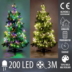 Vianočná led svetelná mikro reťaz cluster vonkajšia s časovačom + programator - 200led - 3m multicolour+teplá biela