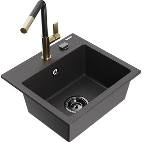 Mexen Milo, 1-komorový granitový drez 435x410x171 mm a drezová batéria Flora, čierna škvrnitá, 6505-76-670401-57-B