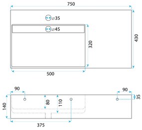 Rea Archi, umývadlo na dosku z konglomerátu 750x430x140 mm, ľavá verzia, biela matná, REA-U4300