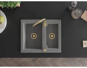 Mexen Carlos, granitový drez 582x475x177 mm, 1,5-komorový a zlatá drezová batéria Telma, šedá, 6518-71-670200-50
