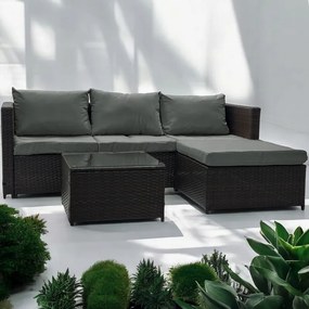 Tmavohnedá ratanová súprava so stolíkom a sivými vankúšmi